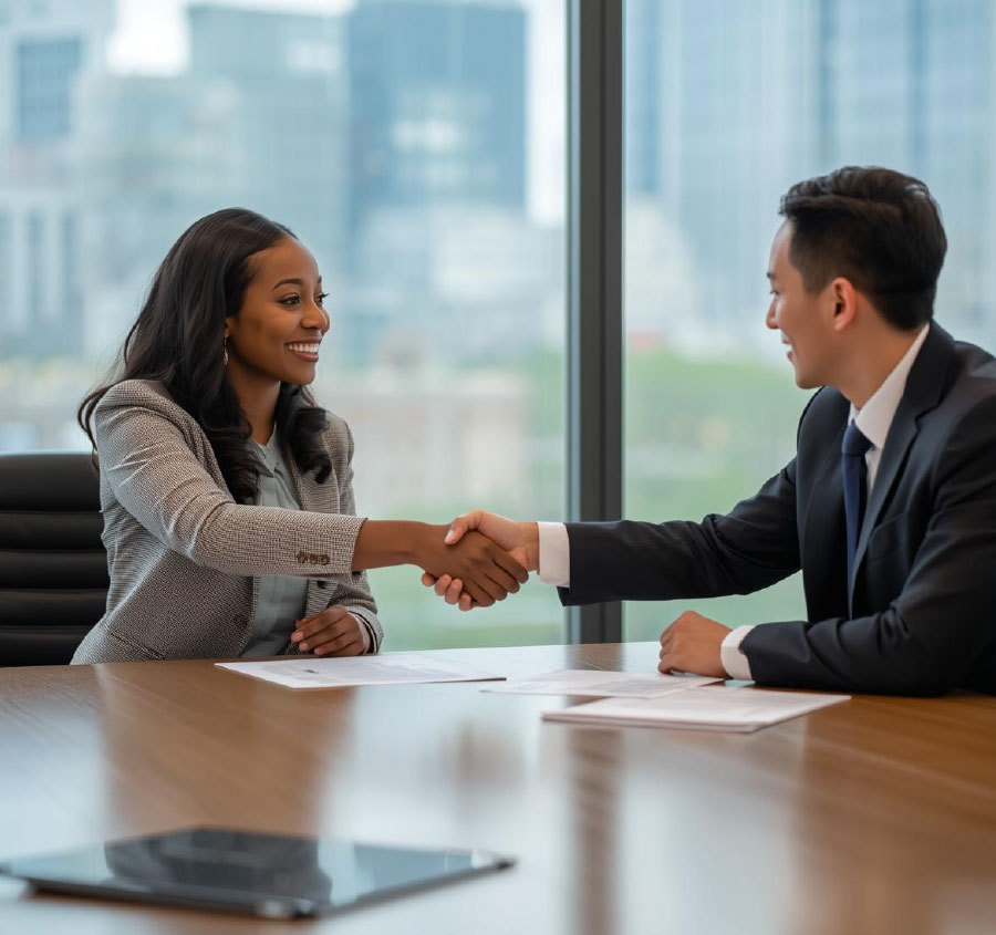 Clients handshaking at table