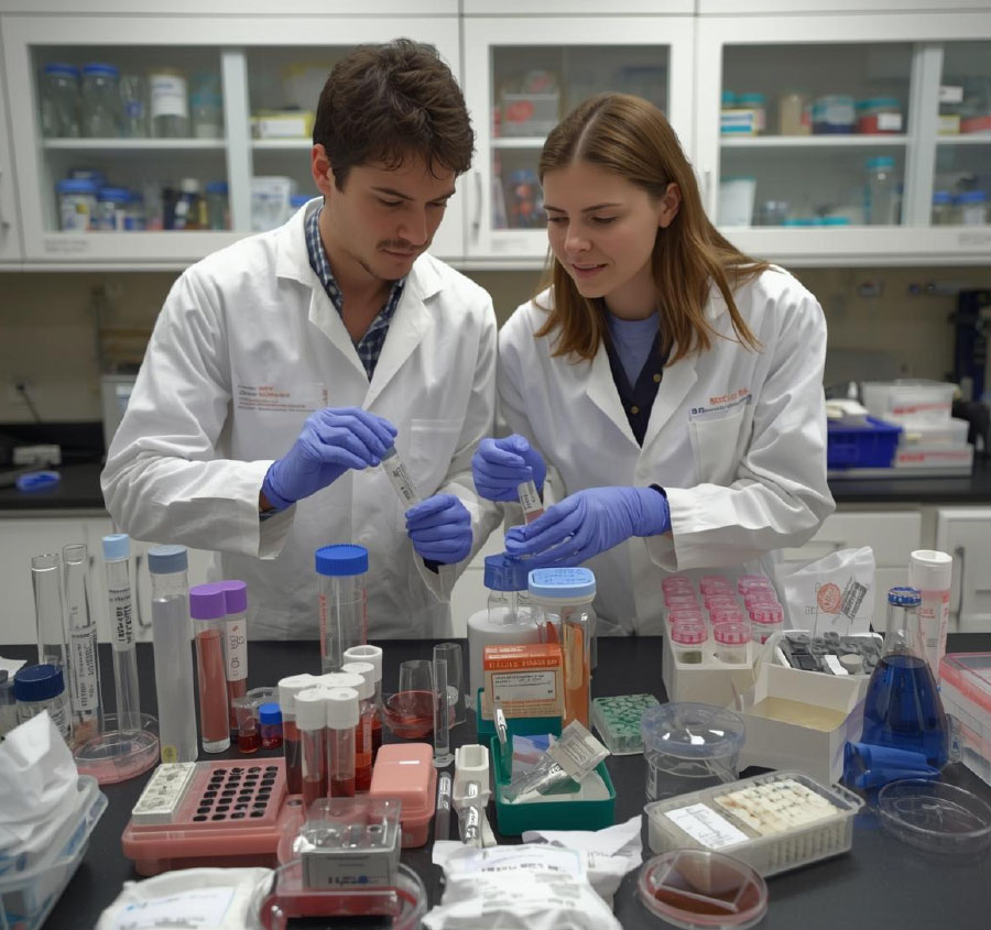Two adults looking at medical specimen